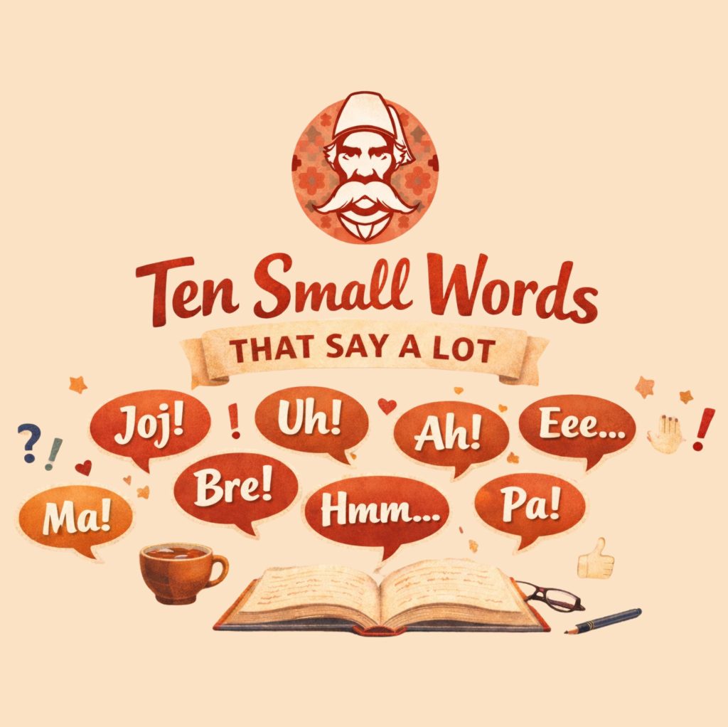 Illustration showing common Serbian expressions like joj, bre, uh and ma, used in everyday Serbian language learning